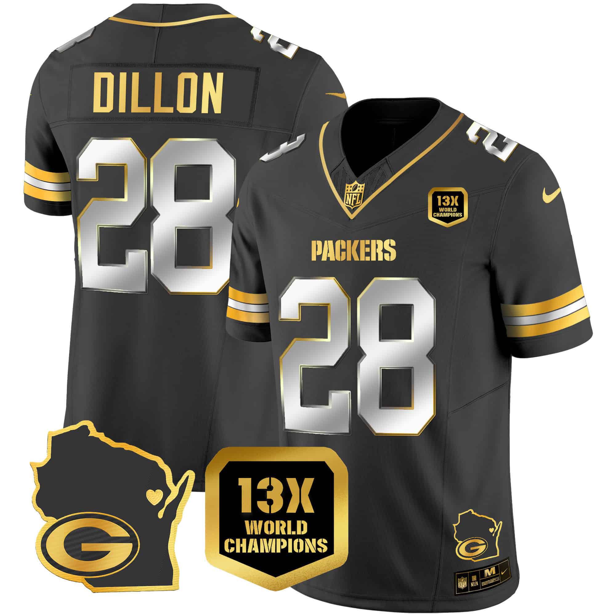Men Green Bay Packers #28 Dillon Black Gold 2024 Nike World Champions Home Patch Vapor NFL Jersey style 1